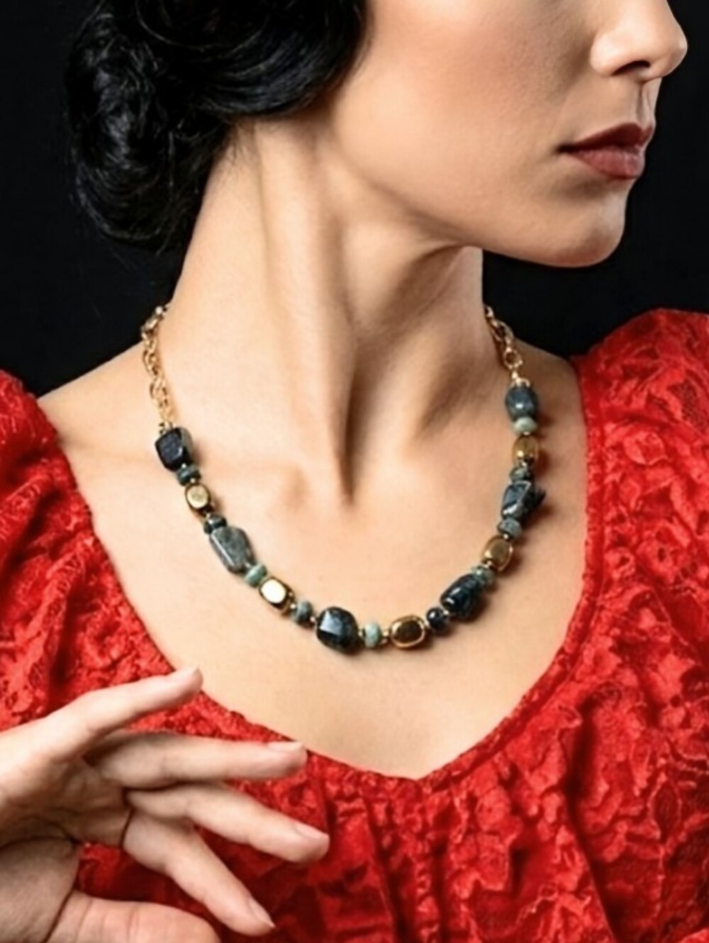 Genuine Emerald Stones And Beads In Paperclip Gold Plated Chain Necklace